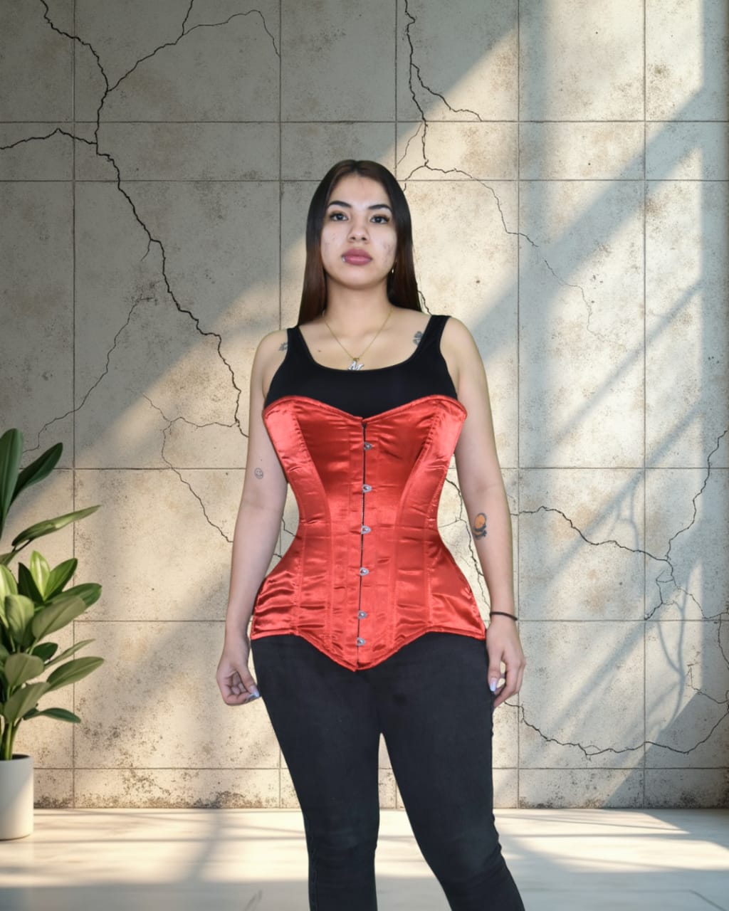 Red Satin Lace-Up OVERBUST Corset